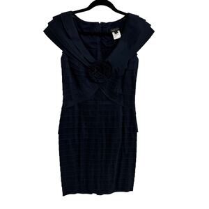 Tadashi Shoji Navy Taffeta Tiered Ruffle Floral Applique Sheath Dress Size 8